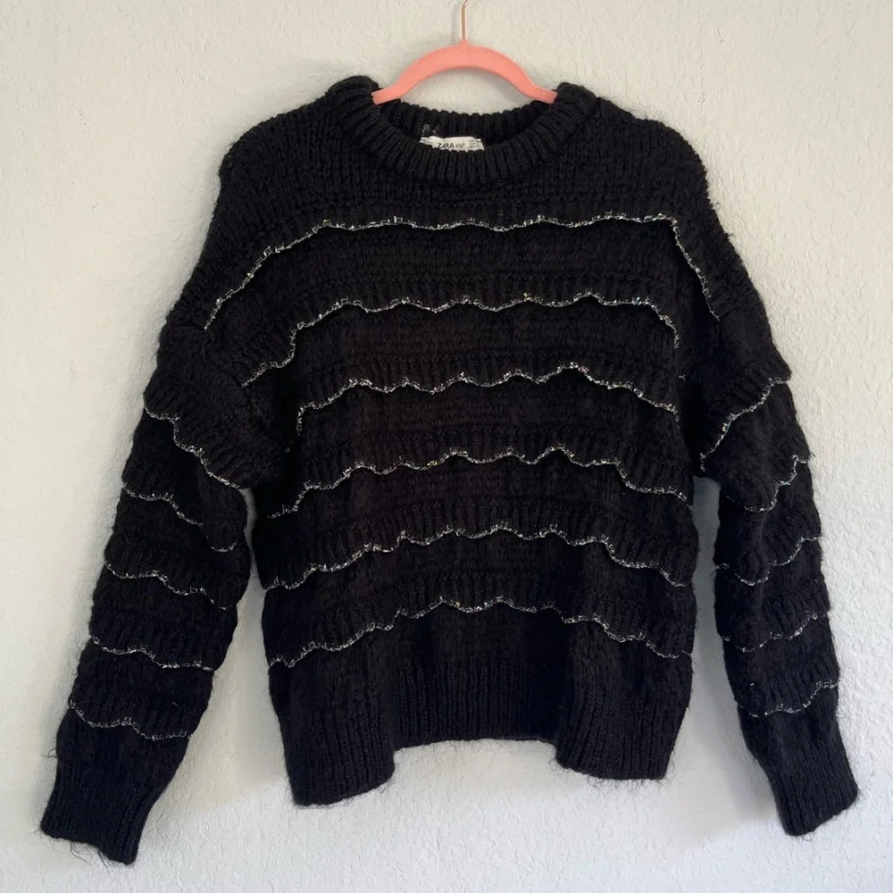 ZARA Knit Black Oversized Mohair Sweater with Glitter Trim Size S - Picture 4 of 10